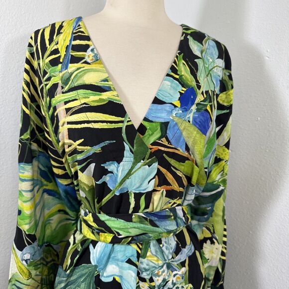 H M Dress Womens L Short Kaftan Multi Tropical Parrot Belted Vacation Resort - Picture 3 of 12